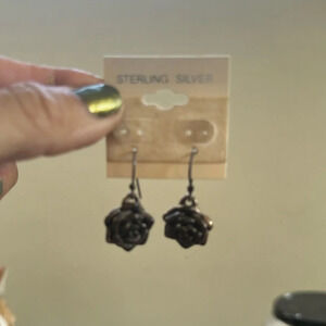 Vintage sterling silver rose dangle earrings heavily petina lightweight